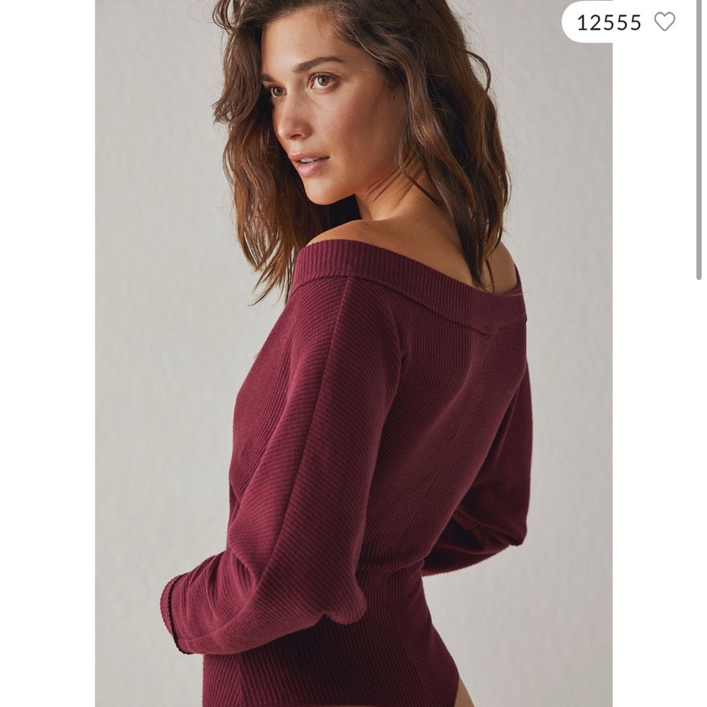 Free People Red Off-the-Shoulder Bodysuit Cozy Knit